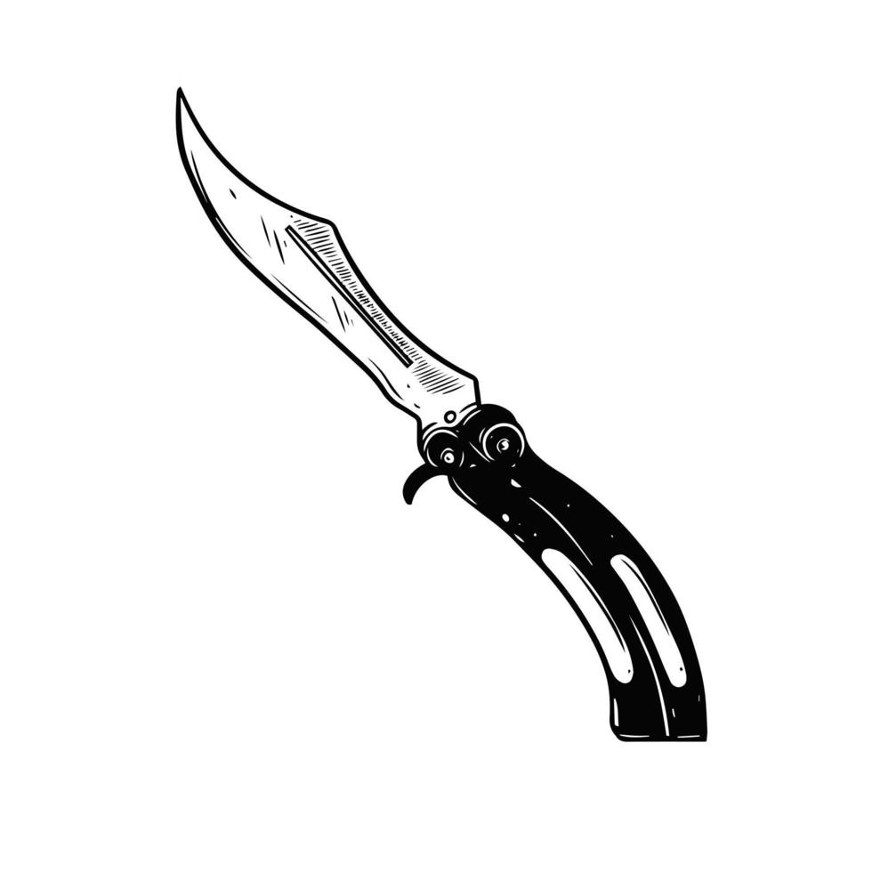 cuchillo mariposa. mano dibujado negro color. grabado vector ilustración.