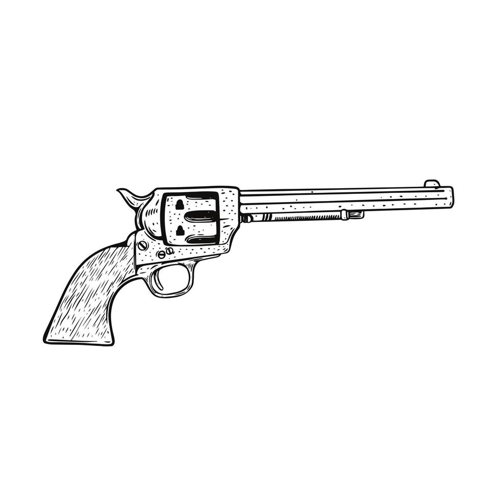 Gun drawing. Black color outline style. Vector illustration.