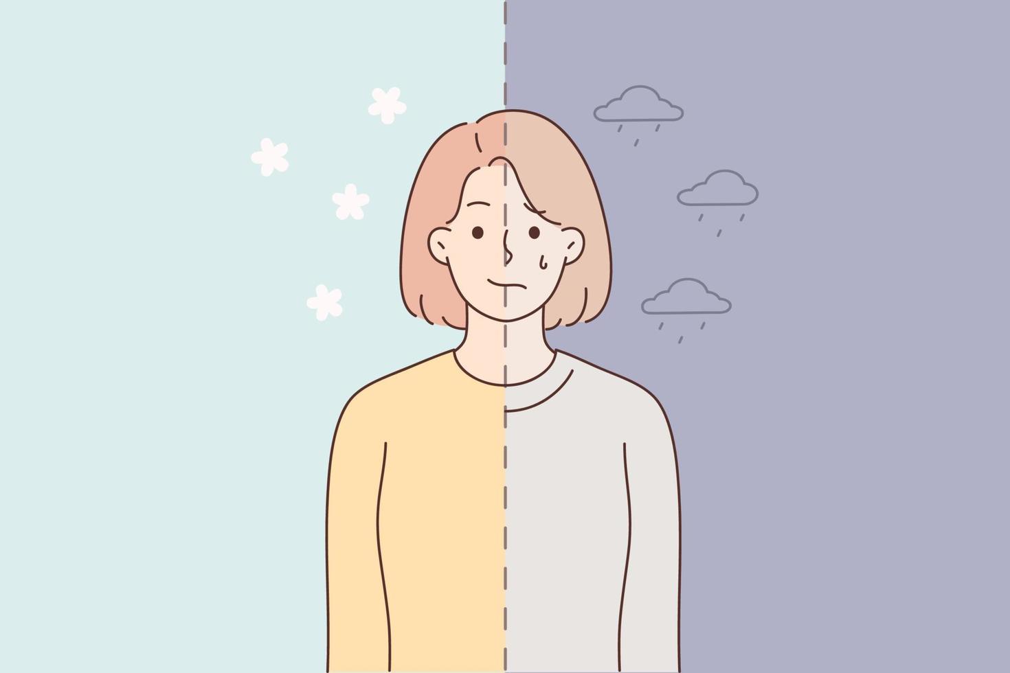 Woman in good and bad mood. Unhappy female crying suffer from depression versus smiling enjoying life. Bipolar disorder. Vector illustration.