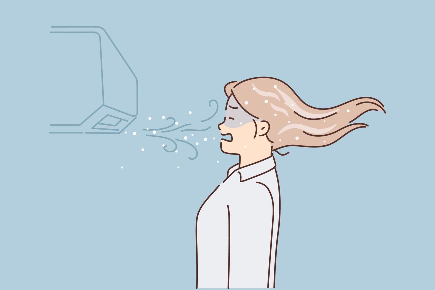 Unhappy woman feel cold standing in front of air conditioner. Frozen girl distressed with cold wind from conditioning device. Vector illustration.