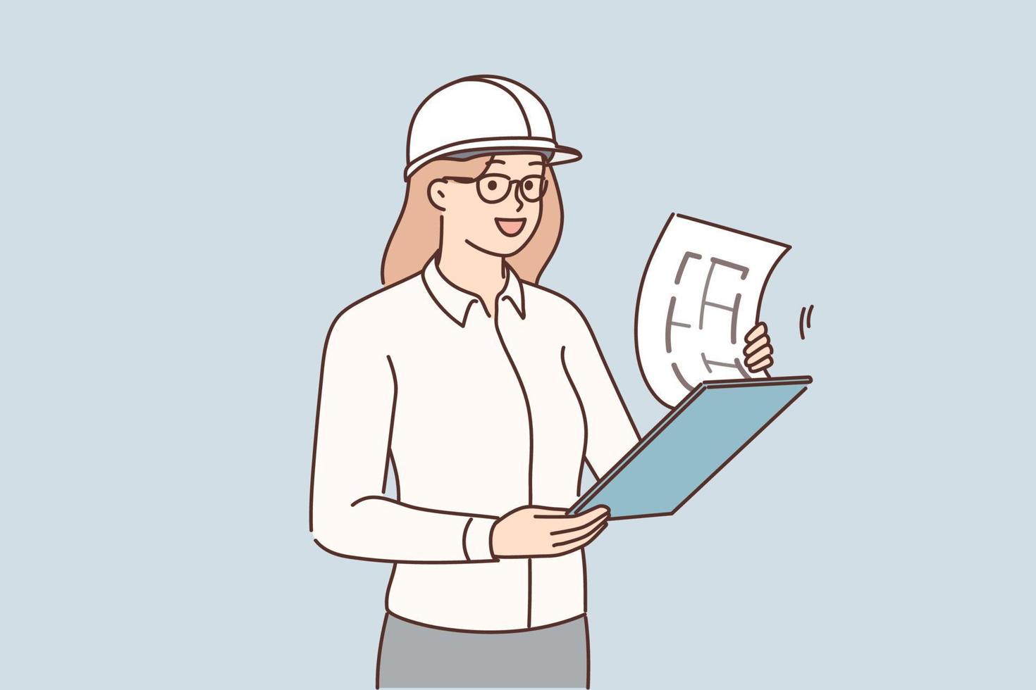 sonriente hembra ingeniero en casco sostener Plano en manos trabajo a construcción sitio. mujer supervisor o arquitecto con papeleo a edificio objeto. vector ilustración.