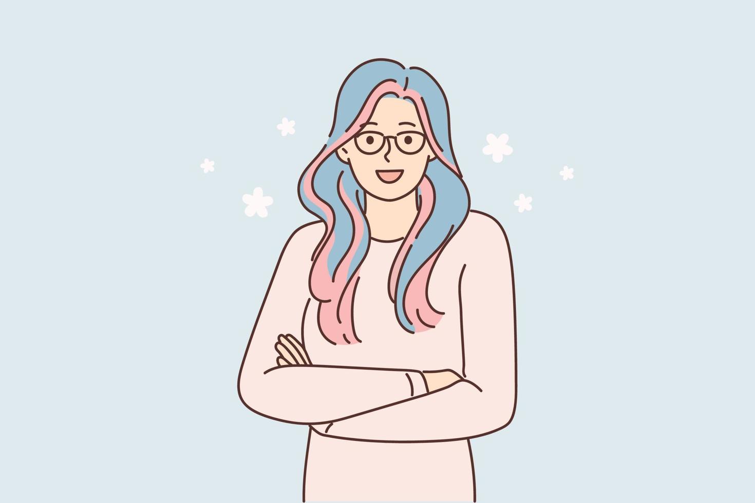 Smiling woman with colorful hair posing with hands crossed. Happy girl with dyed hair feeling optimistic and confident. Hairstyle and haircare. Vector illustration.