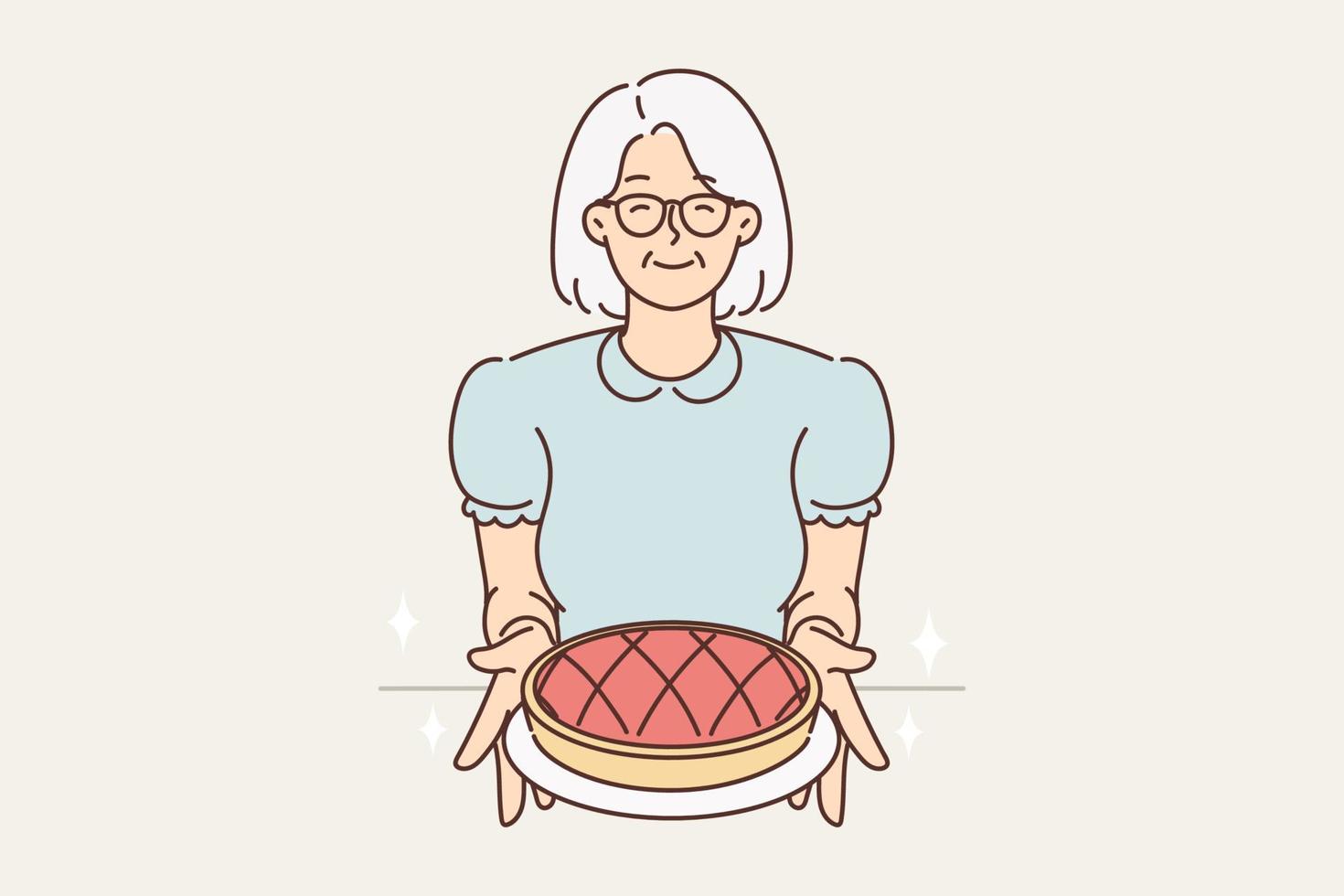 Smiling older grandmother in glasses hold homemade pie in hands. Happy mature woman offer tasty cake. Elderly hobby concept. Vector illustration.