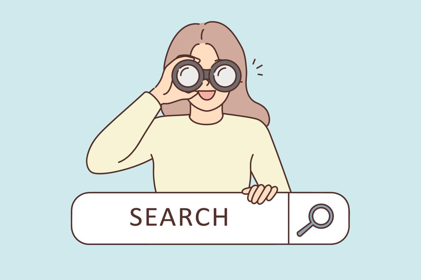 sonriente mujer con prismáticos buscando en web. contento niña con óptico dispositivo Mira para información en Internet. vector ilustración.