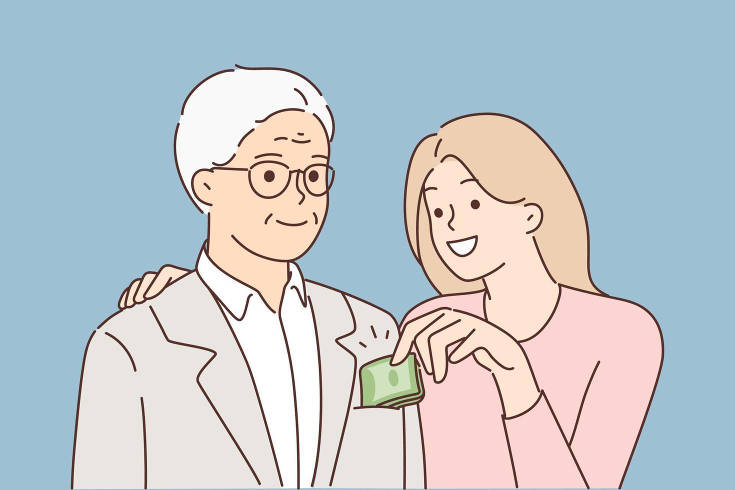 Tricky younger woman take money out of elderly man pocket. Smiling cunning girl trick old lover. Marriage of convenience. Vector illustration.