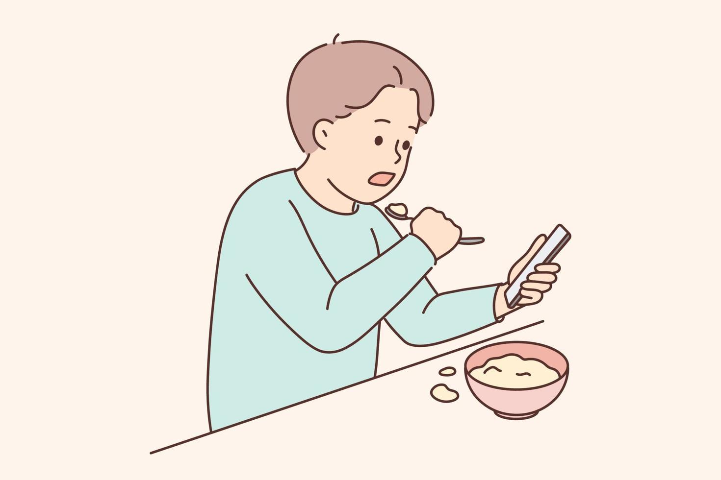 Little child sit at table eating watching cartoons on cellphone. Small boy kid with food at home involved in game on smartphone. Children and technology. Vector illustration.