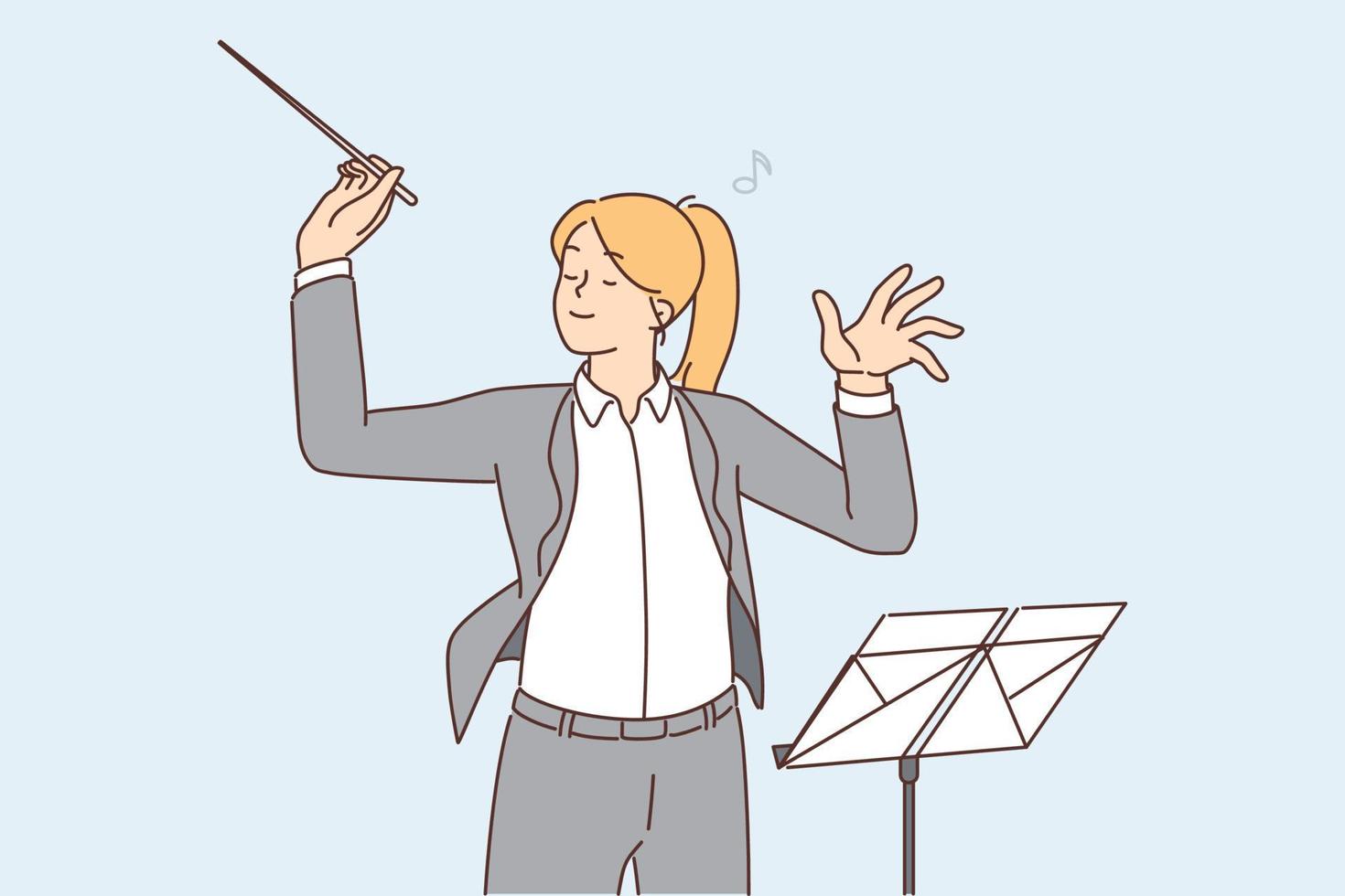 Happy female conductor in formal wear lead orchestra. Smiling woman musician with baton on stage. Occupation concept. Vector illustration.
