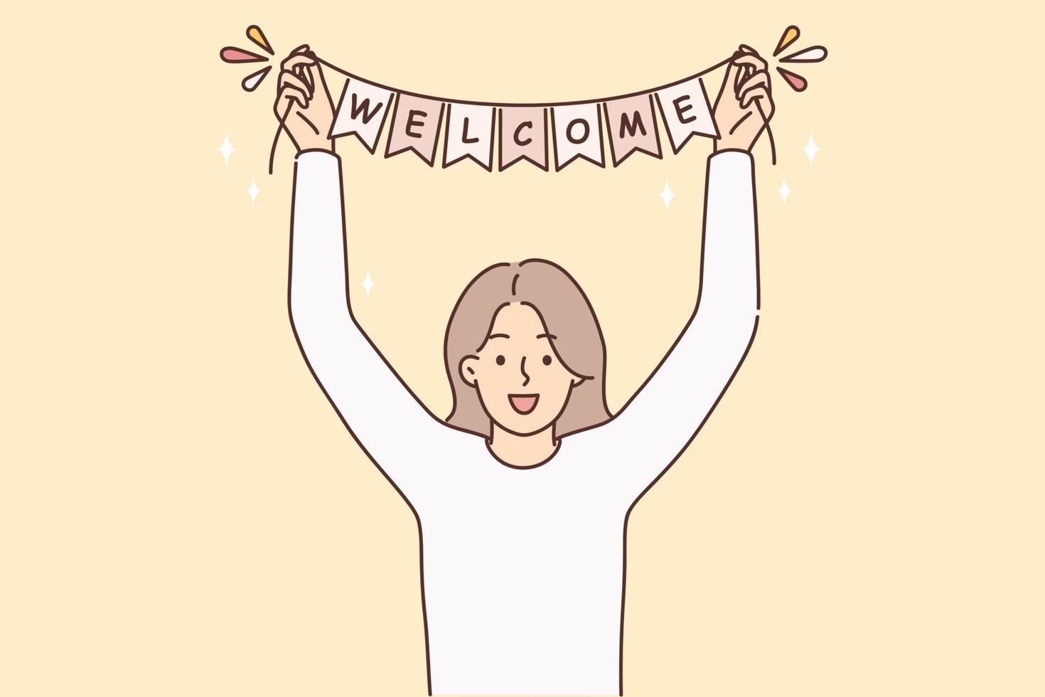 Smiling woman with welcome sign in hands greeting someone. Happy female meet person hold party decoration. Vector illustration.