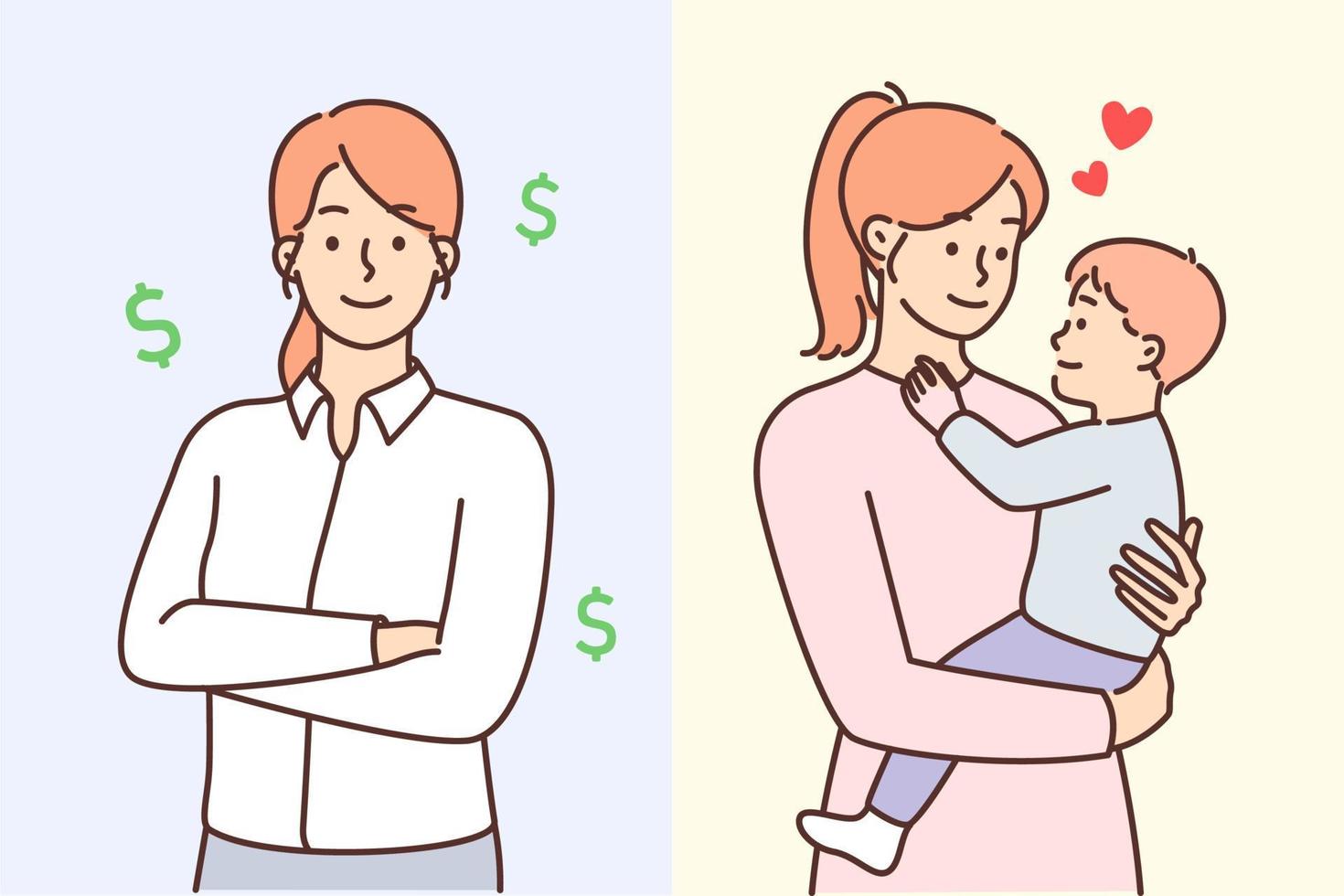 Successful businesswoman standing with arms folded near young loving mother with little baby in arms. Concept balance between family life with raising children and achieving success in career or work vector