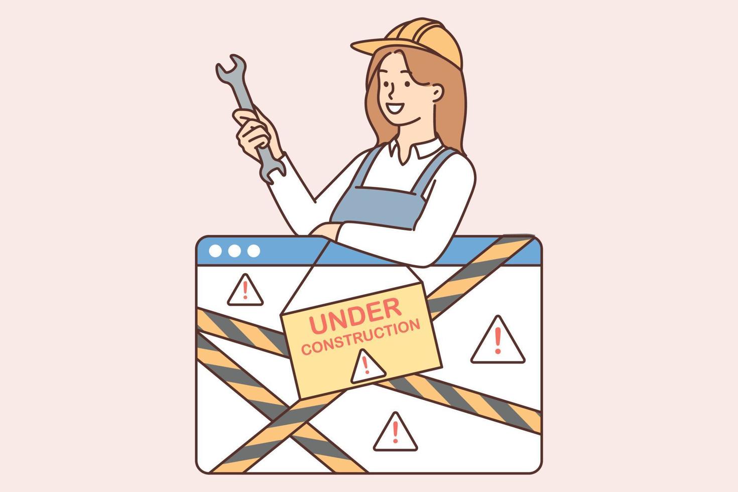 Woman with wrench near under construction sign for 404 page of website or app. Repairman girl reports technical work on website to improve functionality or eliminate hacking attempts vector