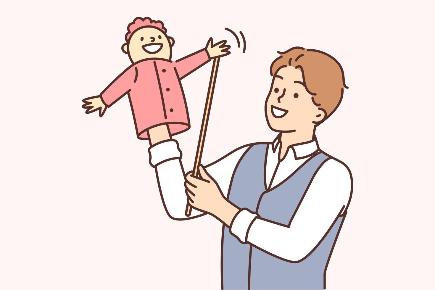 Man puppeteer is preparing to go on stage to show children theater with hand-operated puppets. Guy puppeteer using puppet for business leadership or manipulative employee management concept vector
