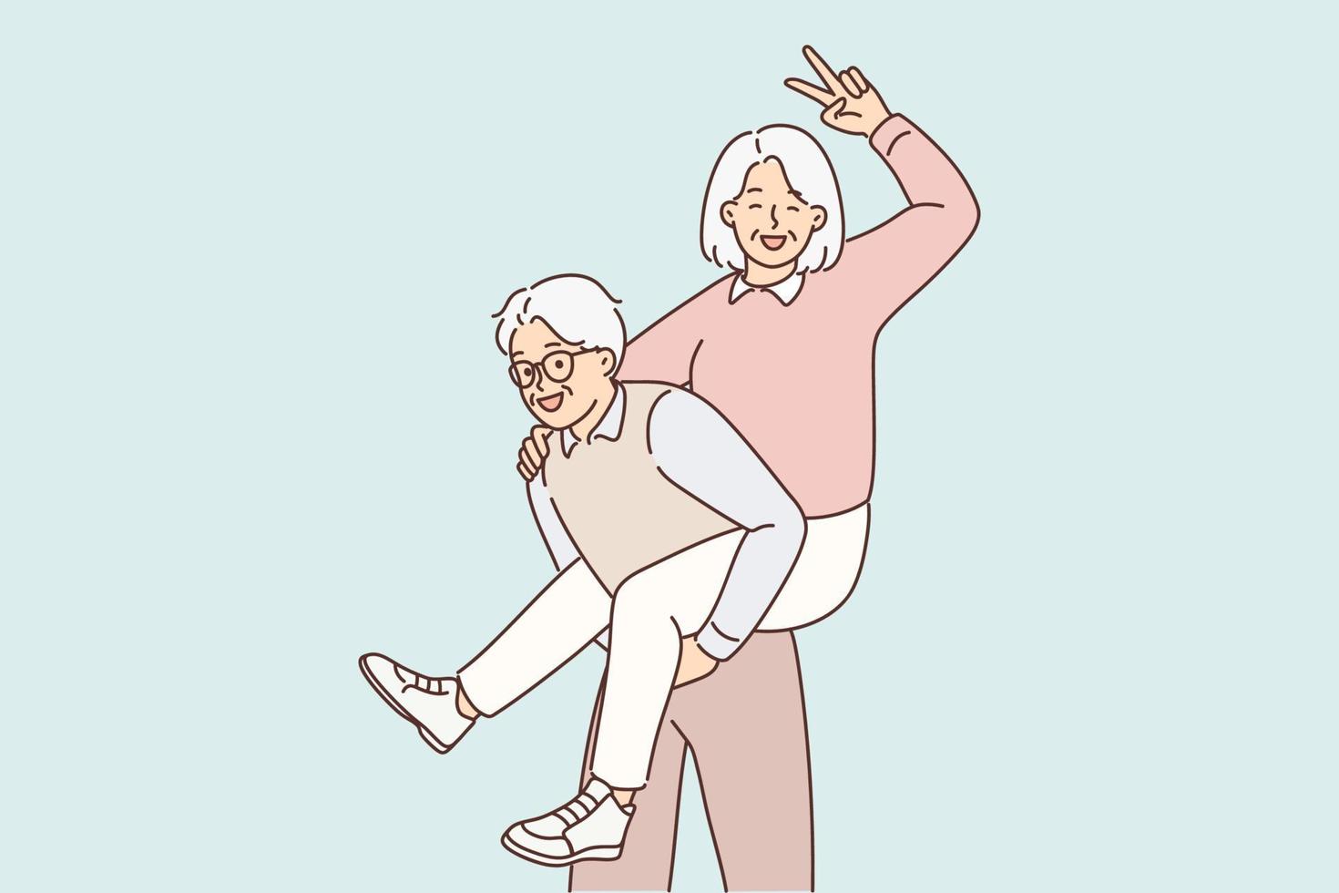 Optimistic older couple have fun enjoy maturity together. Smiling senior woman piggyback excited man relax on retirement or pension. Vector illustration.