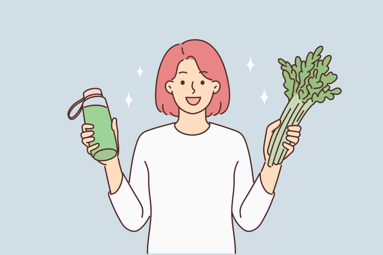 sonriente mujer sostener Fresco vegetales y botella de jugo. contento niña seguir sano vida. dieta y nutrición. vector ilustración.