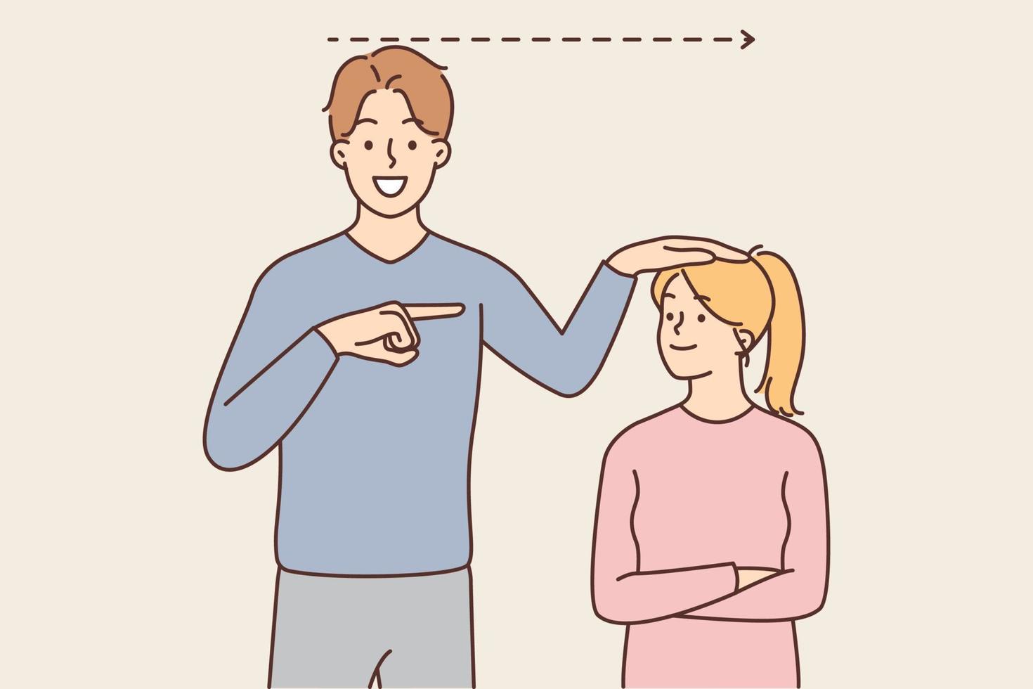 Positive man showing growth of little daughter and pointing finger at teen girl rejoicing in growing up process. Satisfied father measures growth of teenager girl for concept of happy childhood vector