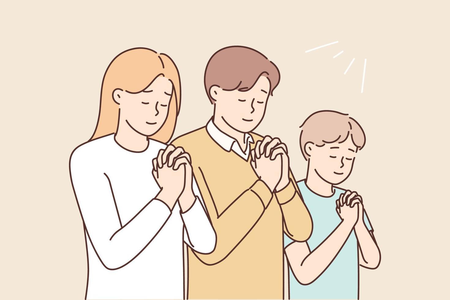 religioso familia con hijo Orando a dios. supersticioso padres con niño mantener manos en oración en iglesia. fe y religión. vector ilustración.