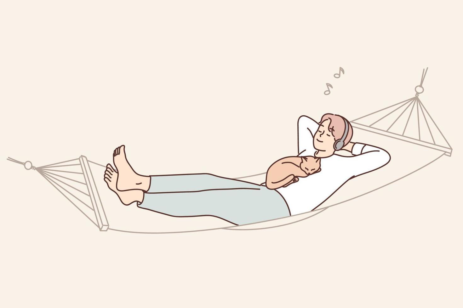 Happy man lying in hammock with cat listening to music. Smiling calm guy relax with pet enjoy sound in earphones. Vector illustration.