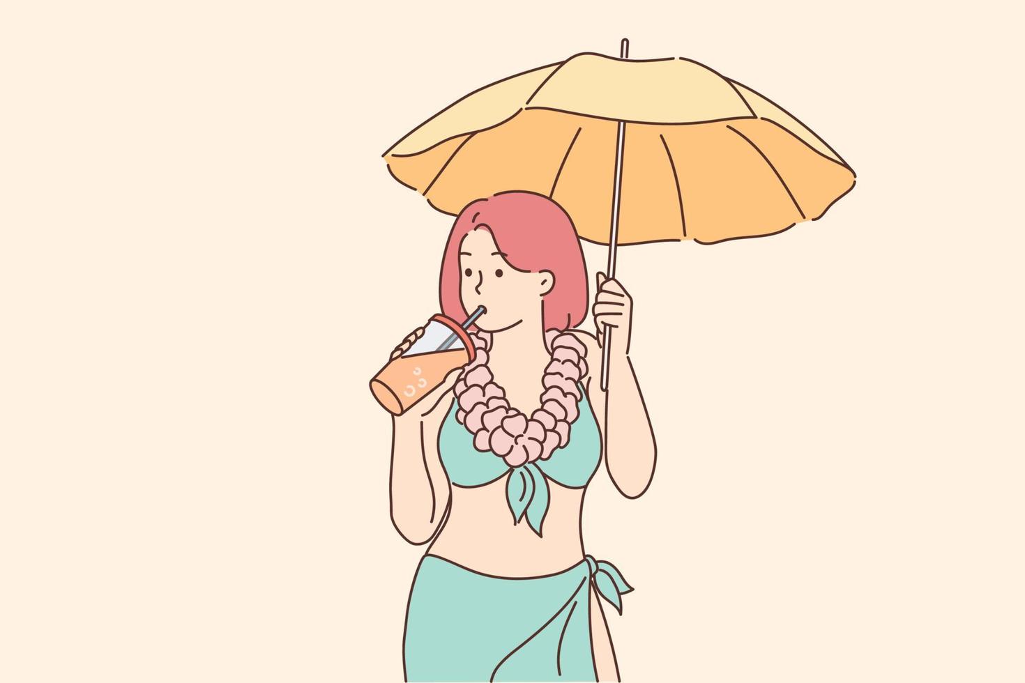contento mujer en bikini debajo paraguas bebida cóctel en playa. hembra viajero en traje de baño disfrutar verano Días festivos en playa. vector ilustración.