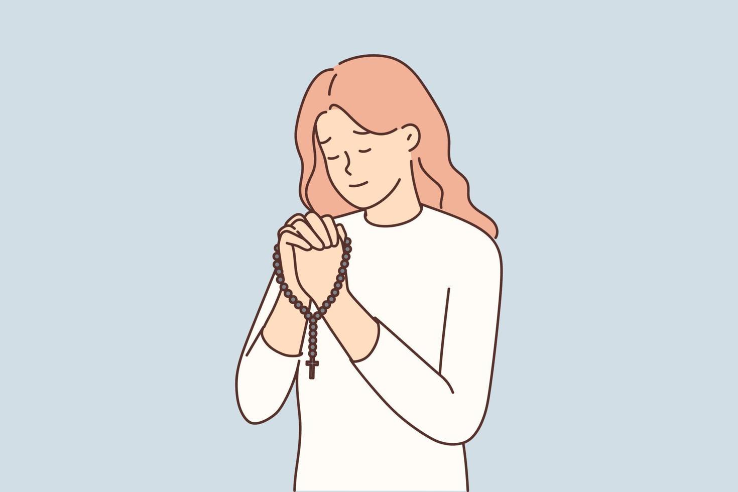 Religious woman with rosary in hands praying. Calm female believer pray to God holding beads. Faith and religion. Vector illustration.