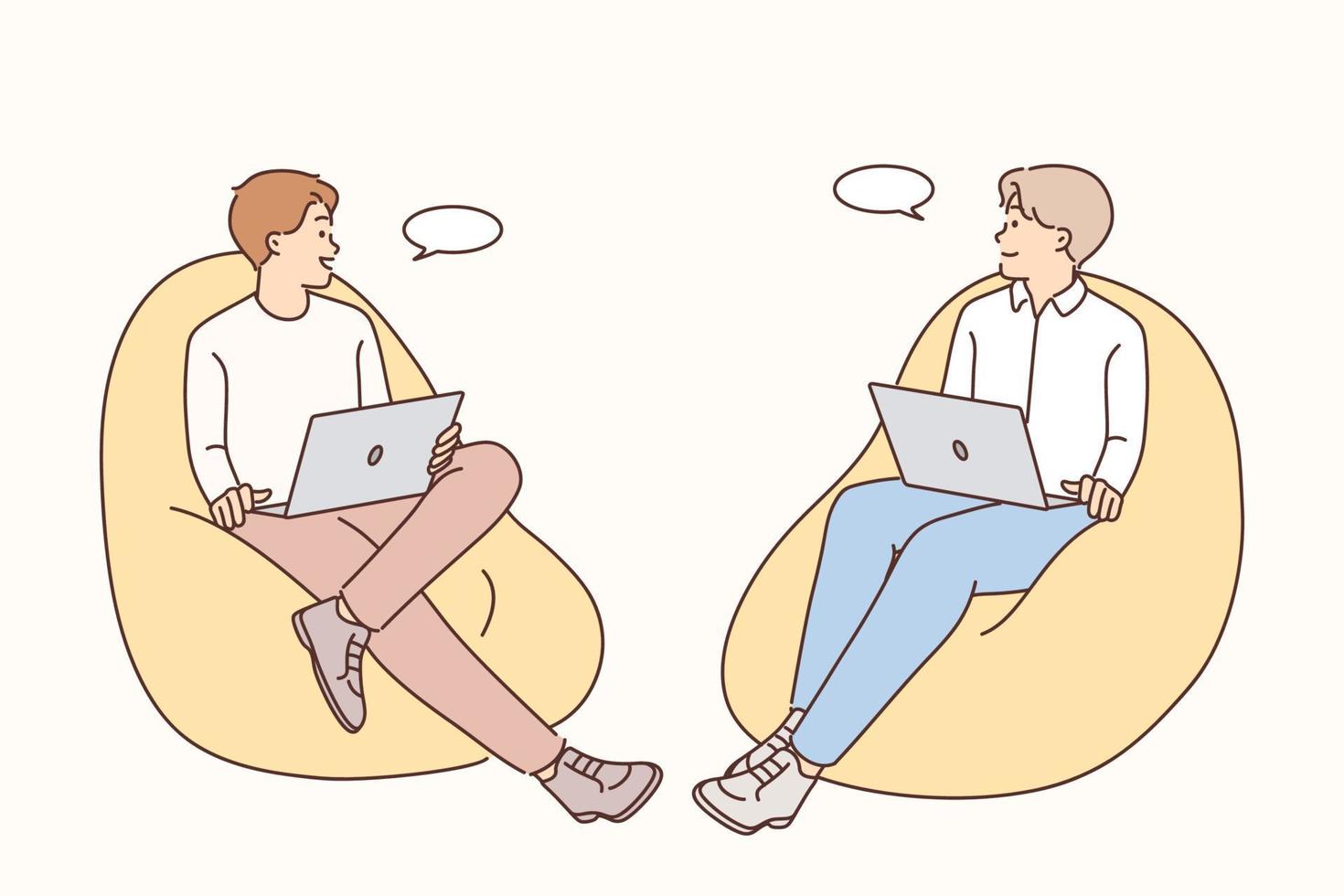 Smiling male employees sit in soft chairs working on laptops in office. Happy men colleagues coworking use computers. Collaboration at workplace. Vector illustration.
