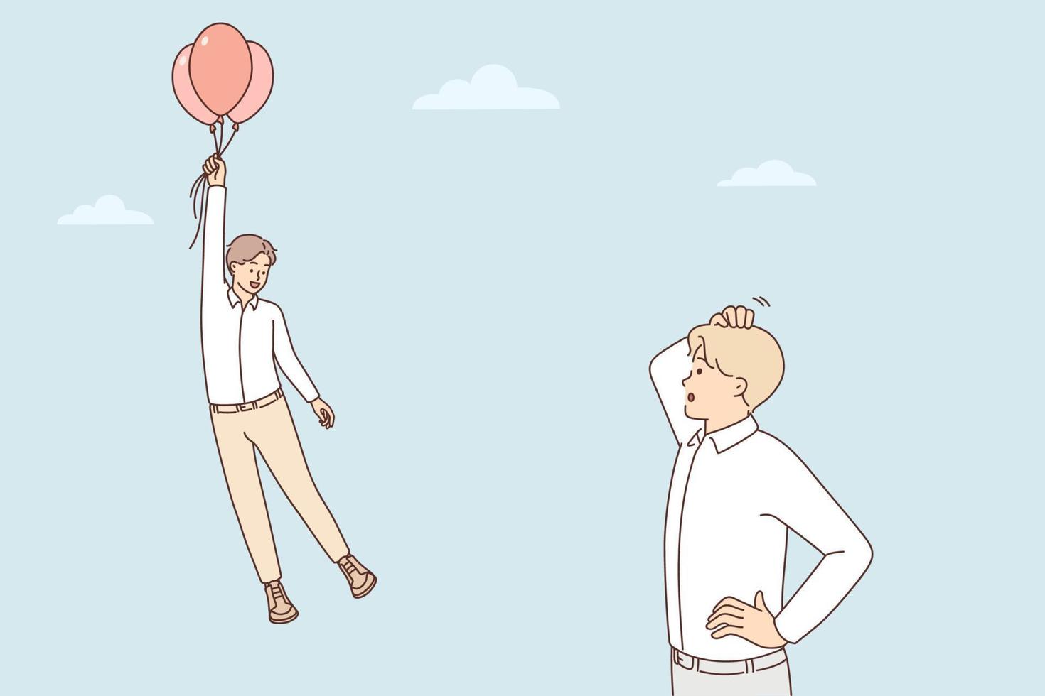 frustrado hombre Mira a contento colega volador en globos en cielo. confuso masculino conmocionado con compañero de trabajo arriba en aire. vector ilustración.