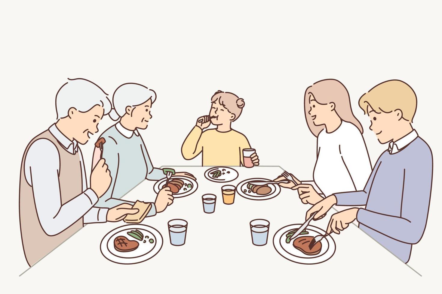 Big family sit at table eating dinner together. Parents, child and grandparents enjoy tasty food at home. Vector illustration.