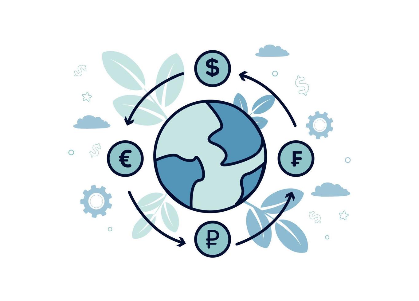 Finanzas ilustración. internacional moneda intercambio. gráfico símbolos de mundo monedas con plantillas alrededor el planeta, en el antecedentes de un rama con hojas, nubes, dólar firmar, estrellas vector