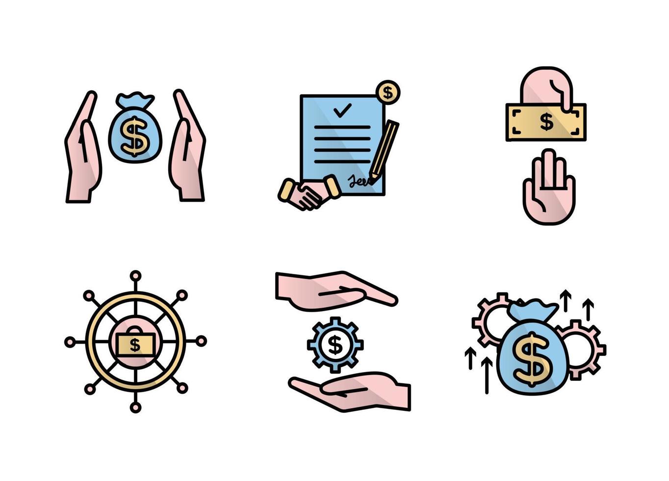Financial services icons set. Icons asset management, wealth management, insurance, venture capital. Icons gear with a dollar between the palms, a steering wheel with a briefcase and a dollar vector