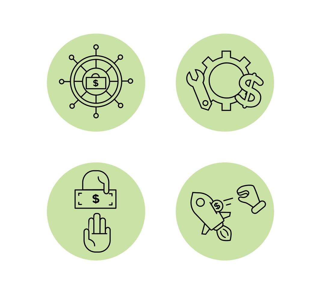 Financial services icons set. Icons wealth management, venture capital, asset management. Badges a helm with a diplomat, a hand throws a coin into a rocket, a gear with a mechanical key and a dollar vector