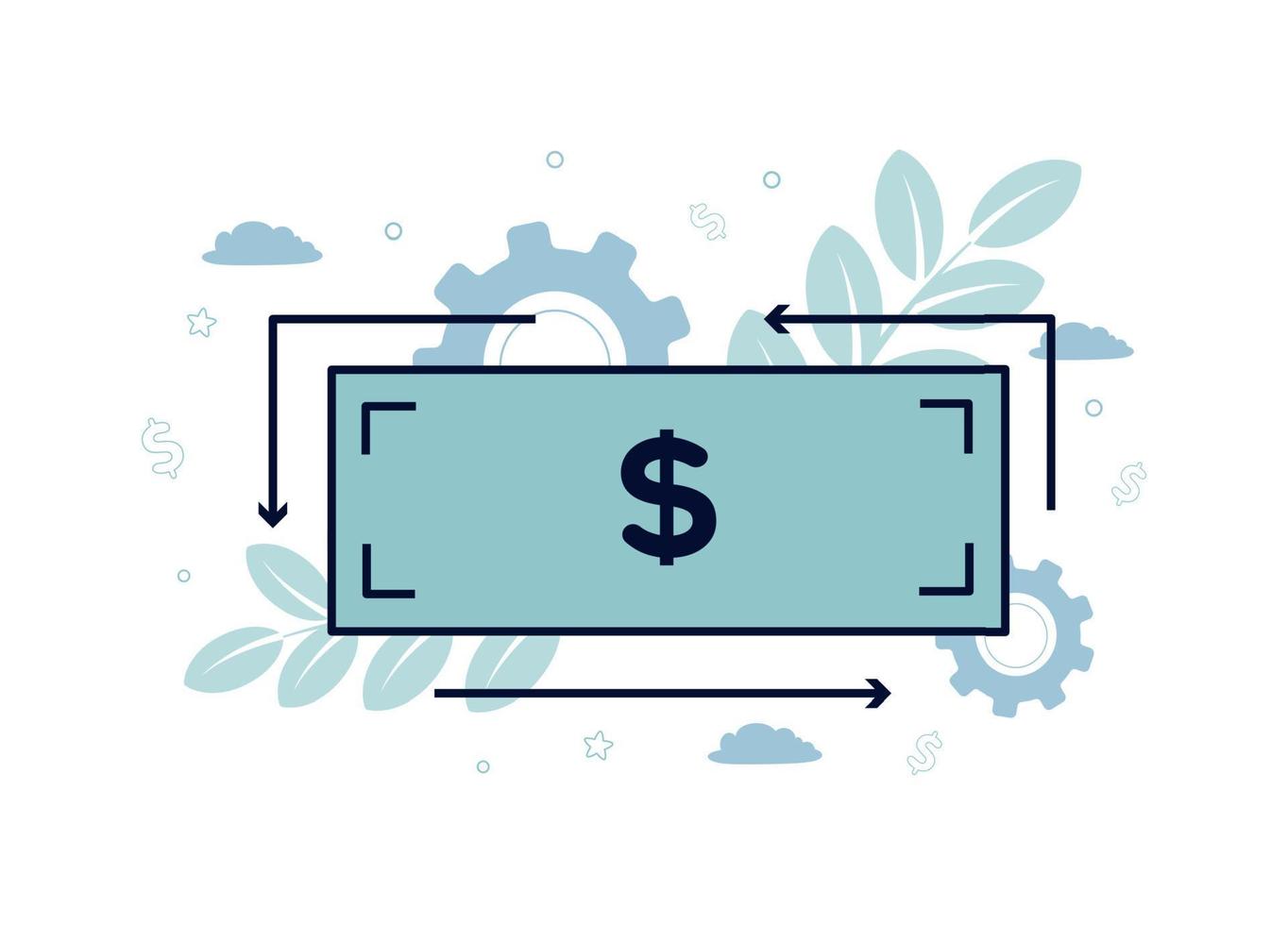 Finance illustration. International Currency Exchange. Dollar bill, around arrows, on a background of branches with leaves, clouds, dollar sign, stars vector