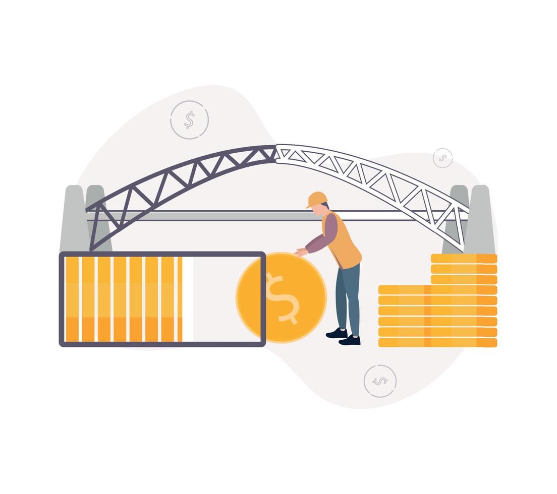 Lending to state infrastructure projects. Illustration of the construction of a bridge, near it a stack of coins, from which a man in a builder's helmet and helmet rolls a coin vector