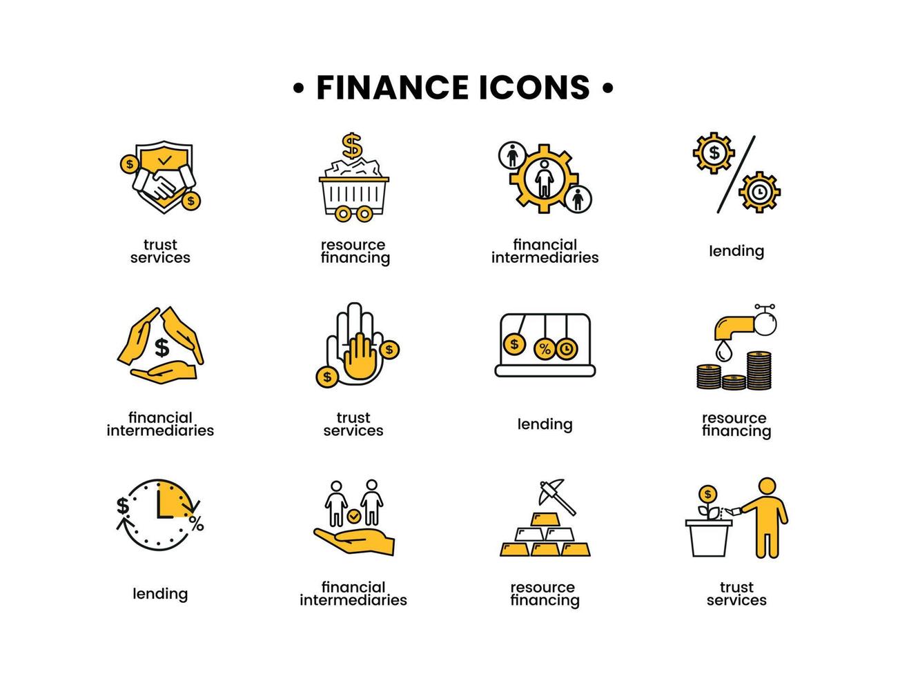 Finance icons set. Vector illustration of financial intermediary icons, resource financing, trust services, lending.
