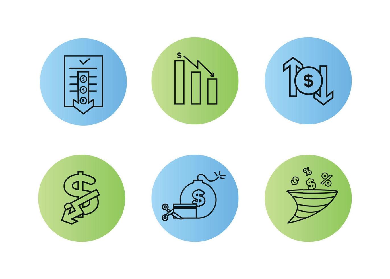 Finanzas íconos colocar. vector ilustración de devaluación, por defecto. el dólar icono en cuales el abajo flecha. dólar icono en un redondo marco, en el lados de cuales allí son arriba y abajo flechas