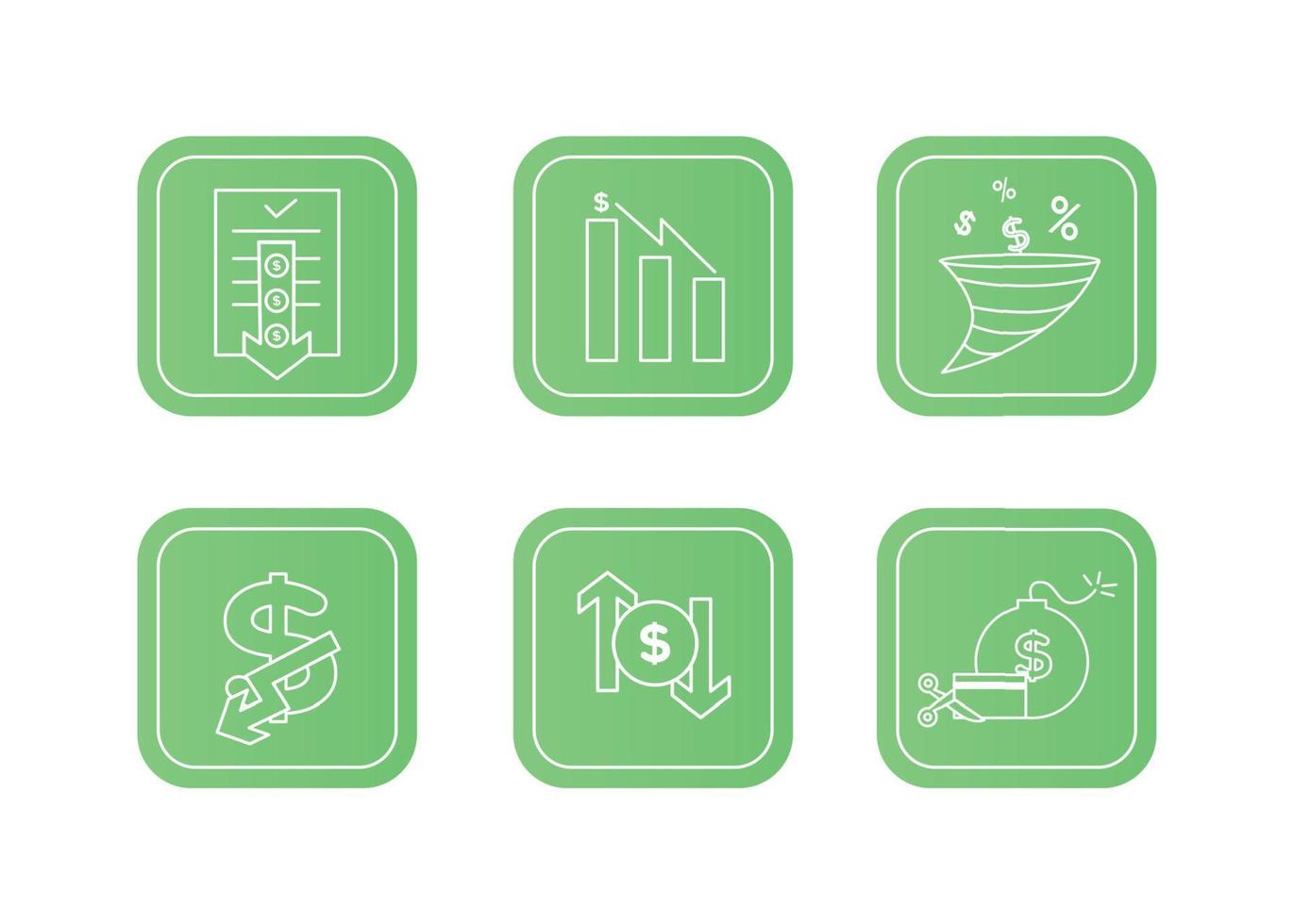 Finance icons set. Vector illustration of devaluation, default. The dollar icon on which the down arrow. Dollar icon in a round frame, on the sides of which there are up and down arrows.