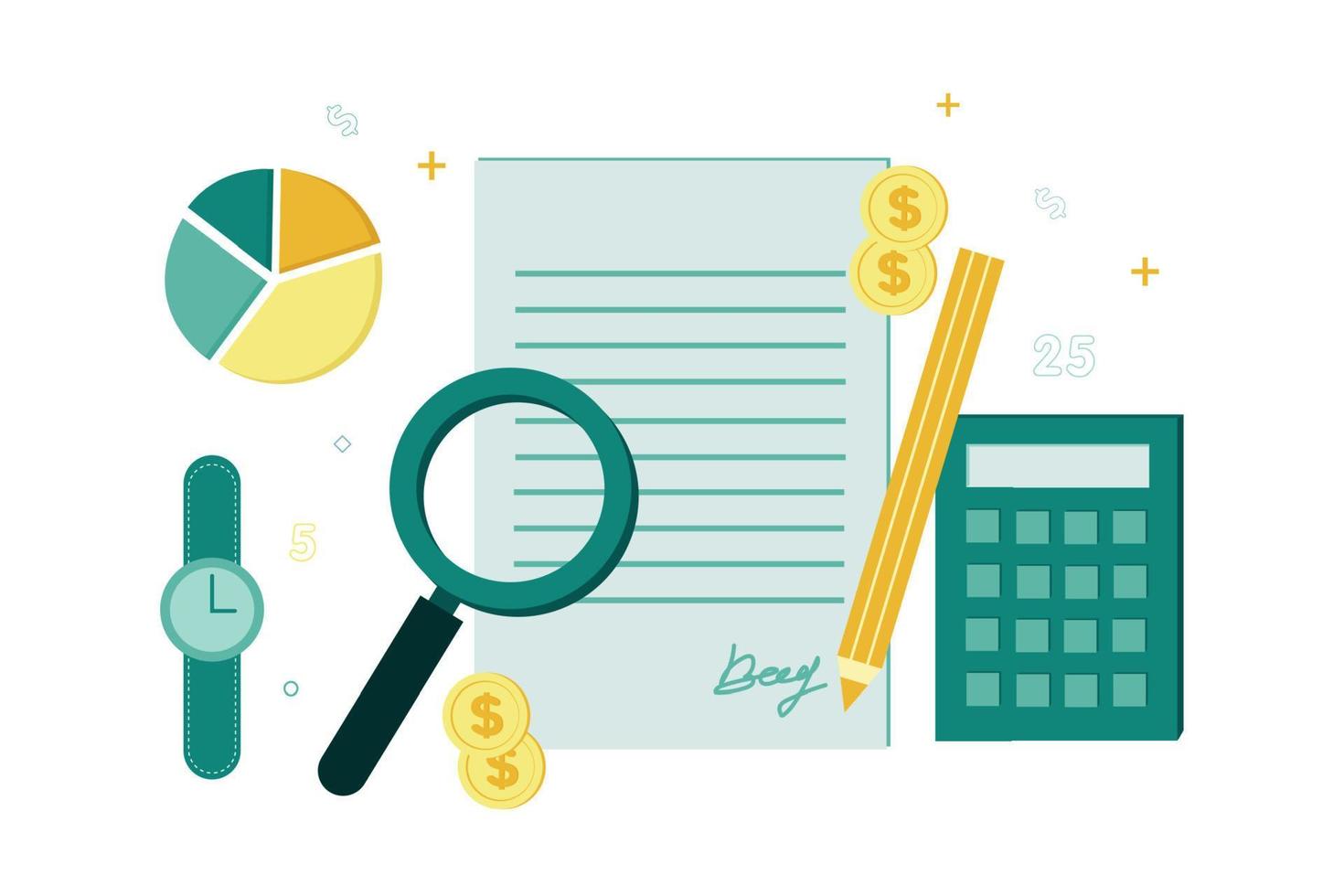 Finance. Vector audit illustration. On the document are a magnifier, a pencil, coins, next to a calculator, chart, wristwatch, on the background of numbers, dollar signs
