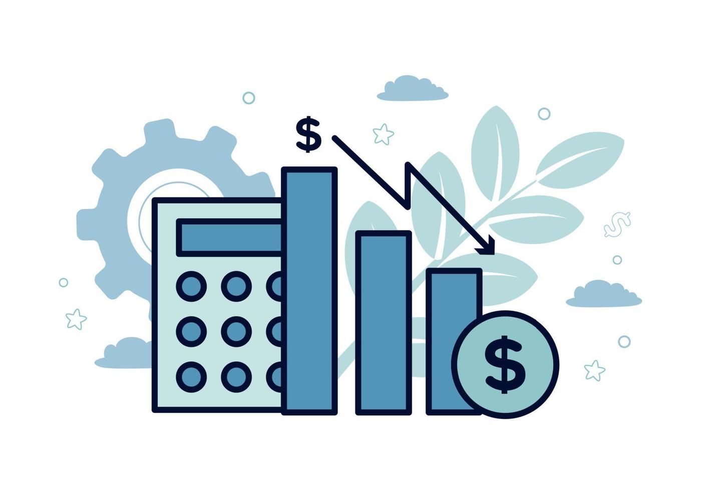 Finance. Vector illustration of econometrics. Icons of calculator, bar chart, dollar icon, down arrow, on the background of gears, plants, leaves, clouds, stars