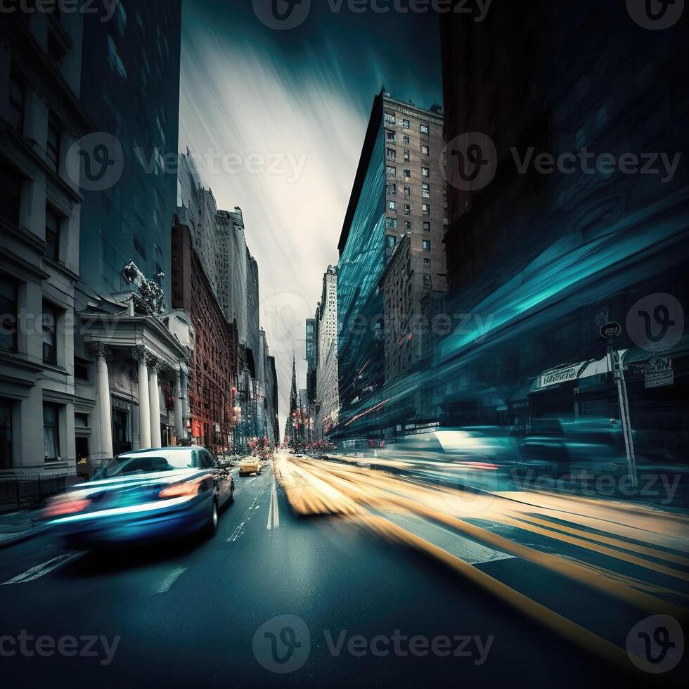 The light trails on the modern city background. Modern blurred background. . photo