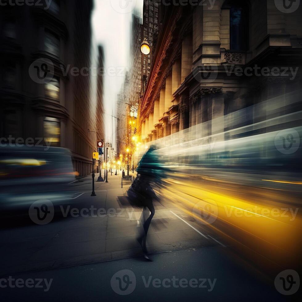 The light trails on the modern city background. Modern blurred background. . photo