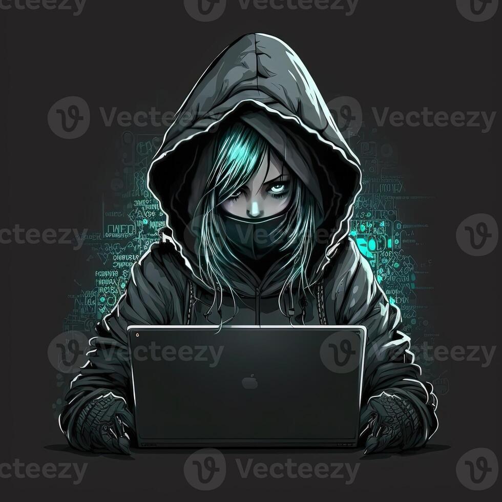 Cute girl hacker with laptop. Avatar in cartoon style. Balck backdrop. photo