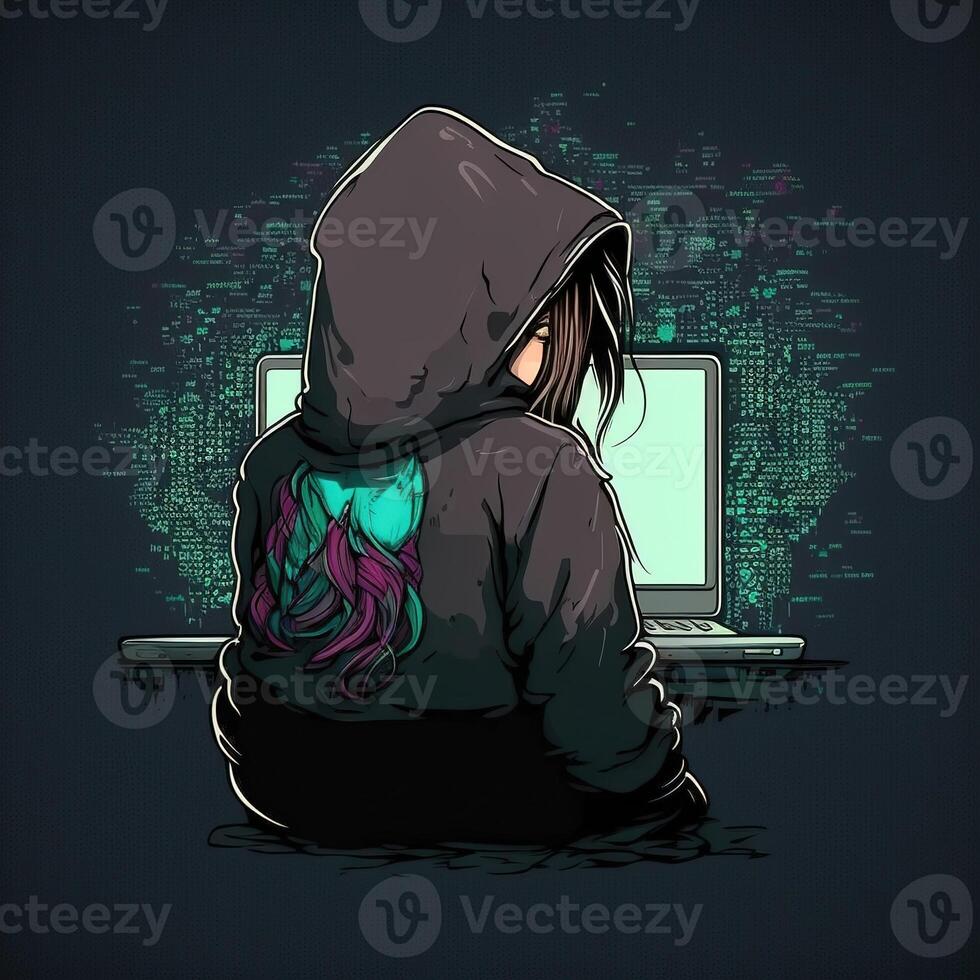 linda niña hacker con ordenador portátil. avatar en dibujos animados estilo. negro fondo. generativo ai foto