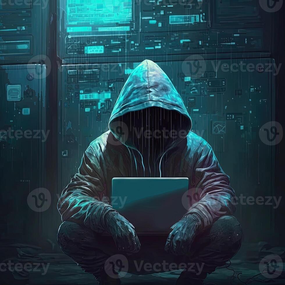 hacker utilizando Internet a cortar a tajos resumen computadora servidor. encapuchado agresor en ordenador portátil roba personal datos. azul resplandor ligero. generativo ai foto