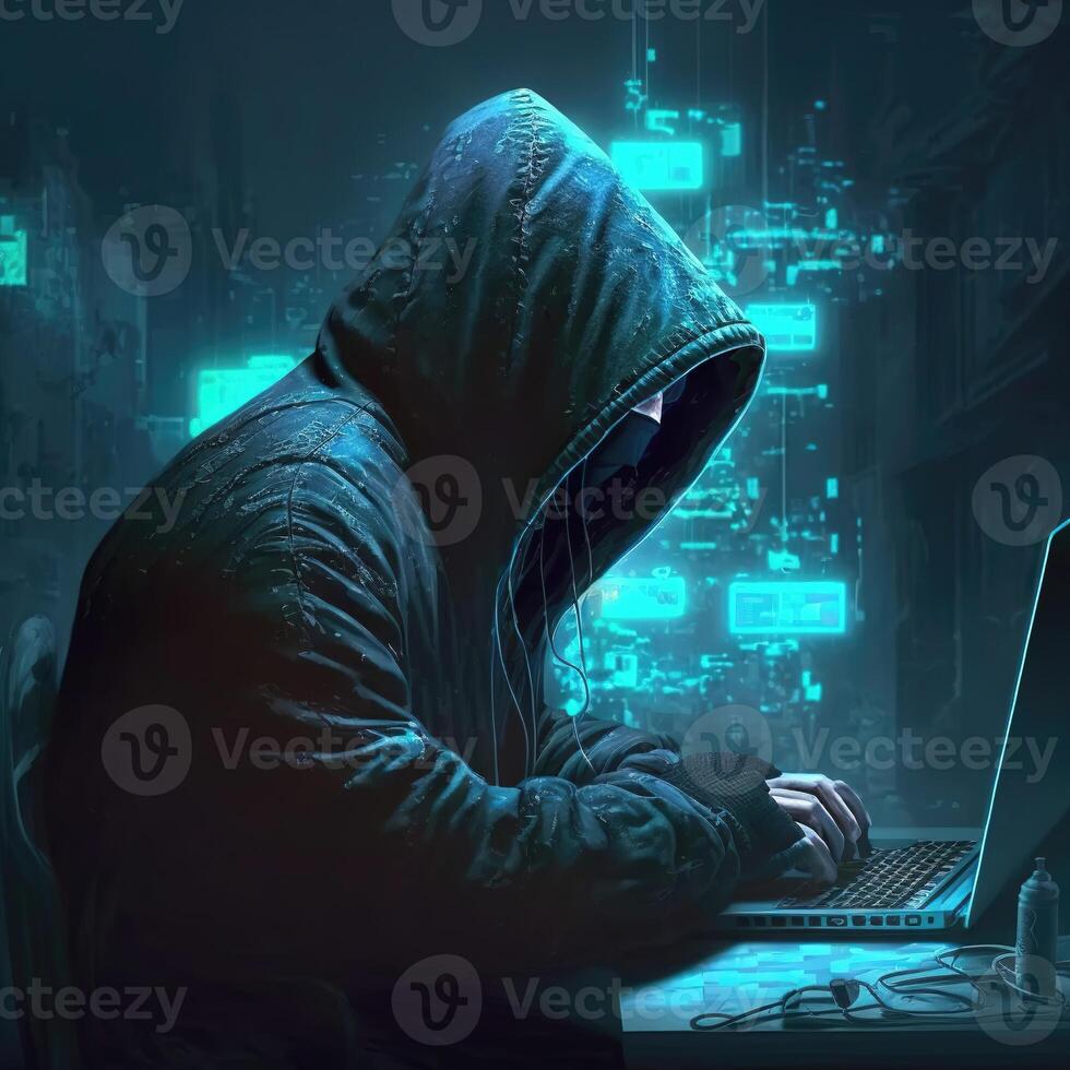 Hacker using internet to hack abstract computer server. Hooded attacker in laptop steals personal data. Blue glow light. photo