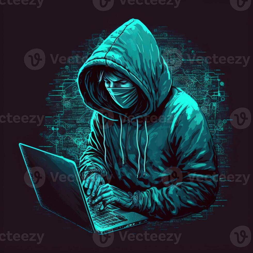 Hacker using internet to hack abstract computer server. Hooded attacker in laptop steals personal data. Blue glow light. photo