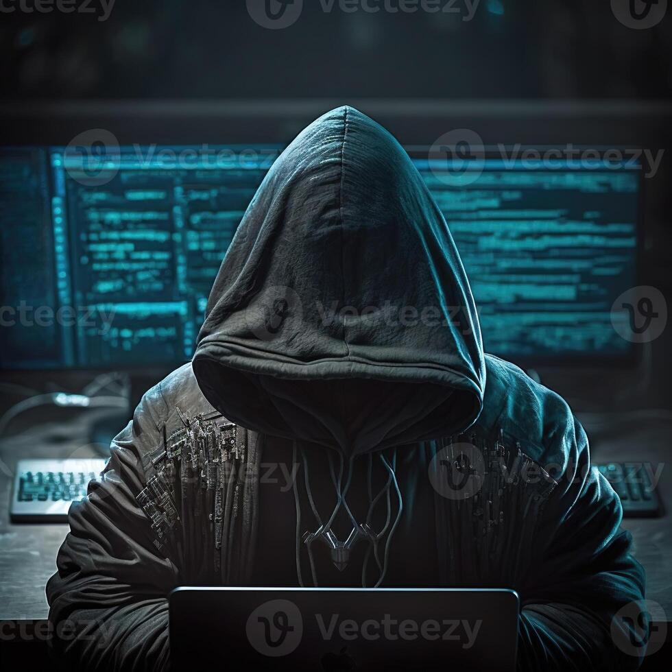 Hacker using internet to hack abstract computer server. Hooded attacker in laptop steals personal data. Blue glow light. photo