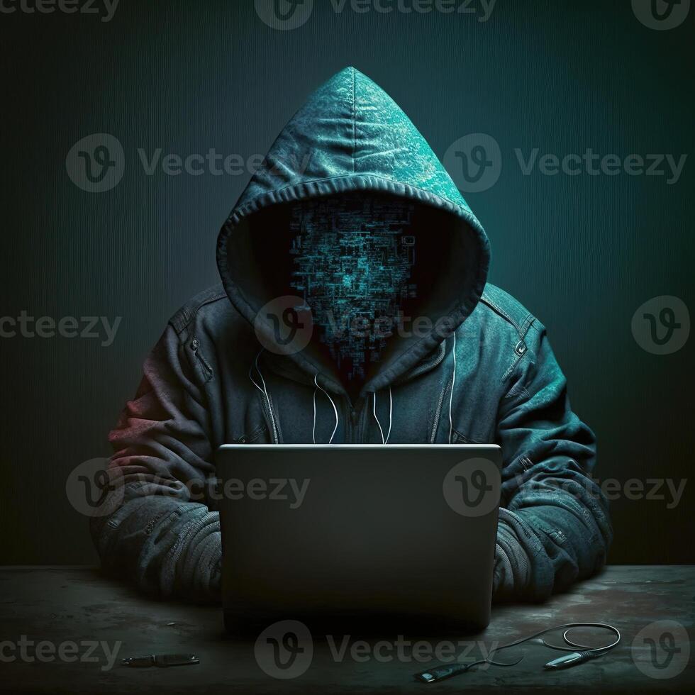 hacker utilizando Internet a cortar a tajos resumen computadora servidor. encapuchado agresor en ordenador portátil roba personal datos. azul resplandor ligero. generativo ai foto