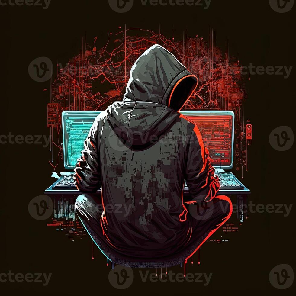 encapuchado hacker con ordenador portátil a trabajar. símbolo de el darknet y ilegal ocupaciones en el Internet. generativo ai foto
