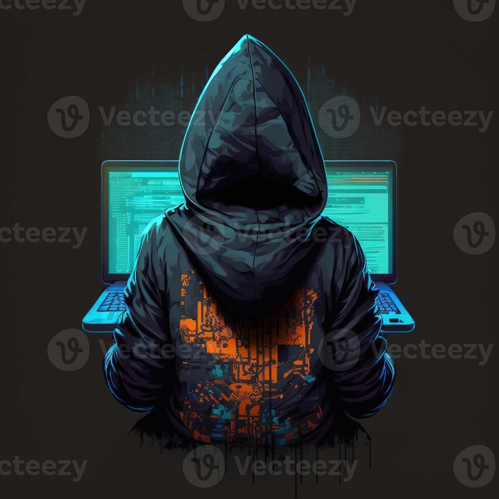 Hooded hacker with laptop at work. Symbol of the darknet and illegal activities on the Internet. photo