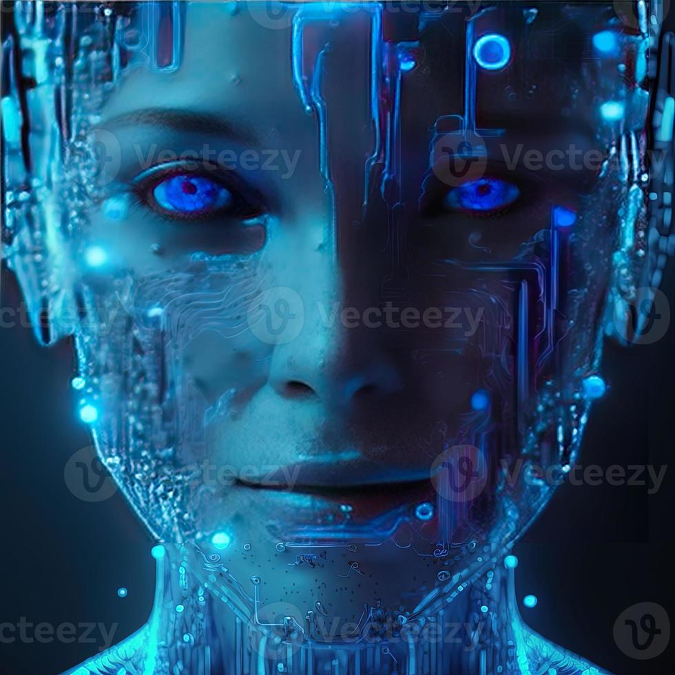 Artificial intelligence  virtual woman characters  portrait for concept design. Retro future 3D render illustration. Blue glow light with computer board elements. Ai render. photo