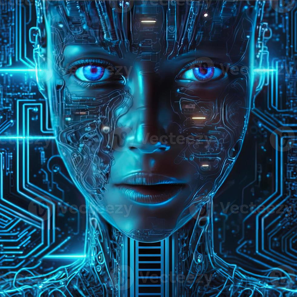 Artificial intelligence  virtual woman characters  portrait for concept design. Retro future 3D render illustration. Blue glow light with computer board elements. Ai render. photo