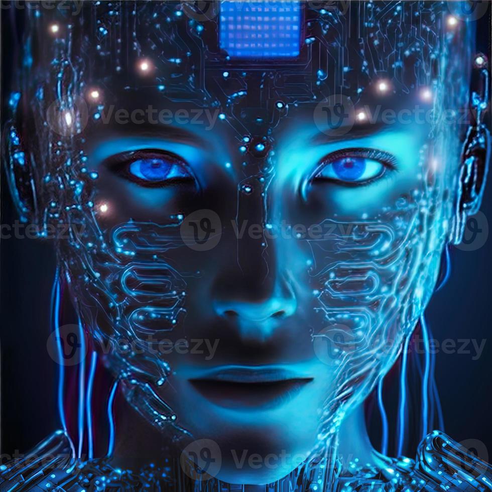 Artificial intelligence  virtual woman characters  portrait for concept design. Retro future 3D render illustration. Blue glow light with computer board elements. Ai render. photo