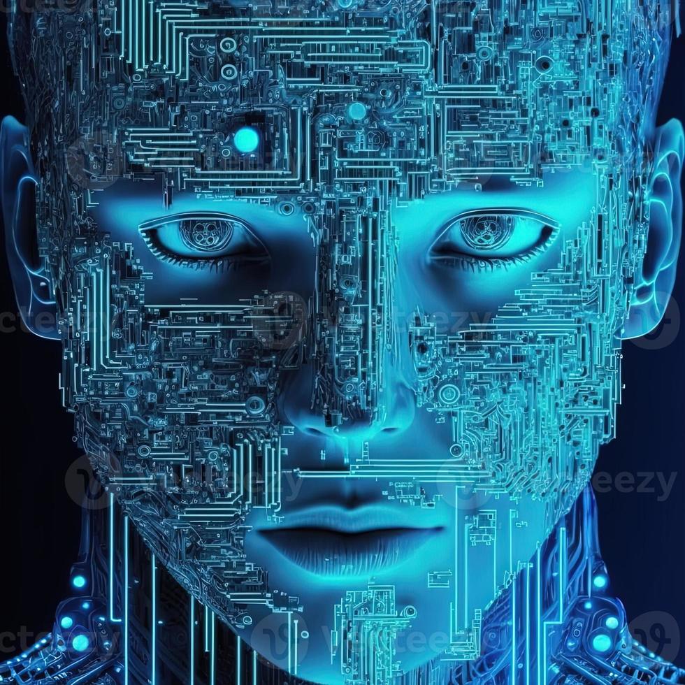 Artificial intelligence  virtual woman characters  portrait for concept design. Retro future 3D render illustration. Blue glow light with computer board elements. Ai render. photo